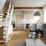 Obývací pokoj s kuchyňskou linkou apartmánového domu U Pivovaru